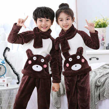Meninos Meninas rapazes raparigas Pijamas de Inverno Outono de manga Longa Crianças do lar Vestuário roupa de dormir do Bebê Conjuntos de Pijamas de Flanela Para Crianças 3-13 Anos