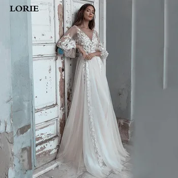 LORIE, a Princesa Vestidos de Noiva Puff Luva 3D Laço de Flores de Praia Vestidos de Noiva Tule Macio V de Volta Boho Festa de Casamento Vestidos de