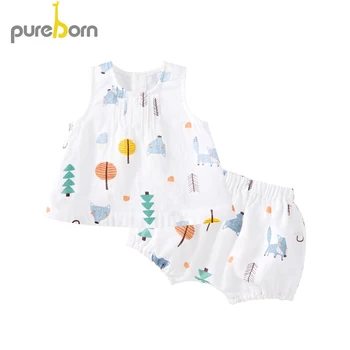 Pureborn Unissex, Roupas de Bebê Conjunto 2 peças de Verão Mangas de Camisa, Top e Calça Curta, Shorts de Algodão estampado Baby Playsuit