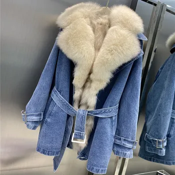 2020 Jeans Parka Revestimento Do Inverno Das Mulheres De Médio A Longo Real Fox Fur Casaco Do Terno De Colarinho Real Grossa Quente Forro De Pele De Raposa Outerwear