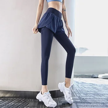 F. DYRAA Ginásio Leggings Calças de Yoga Fitness Esportes de Roupas de Mulheres Falso de Duas Peças Com par de meias-Calça de Cintura Alta Trecho