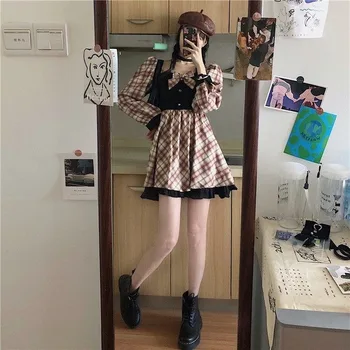 Gothic Lolita Vestido de Mulher Xadrez Kawaii de Proa do Partido Mini Vestido de Babados Vintage do Japão coreano Doce Vestido Novo 2020 Mulheres de Outono