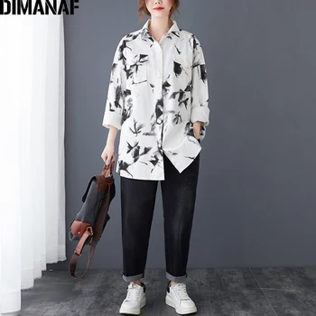 DIMANAF Mulheres Plus Size Blusa Camisa Vintage Impressão Senhora Tops Túnica de Algodão de Manga Longa Roupas Soltas Botão Casaquinho de Primavera 2021