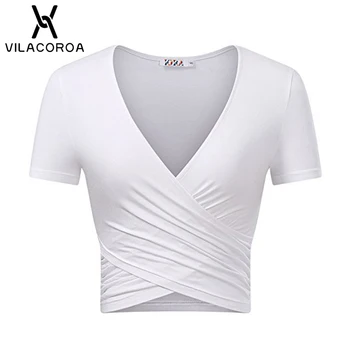 9 Cor Sexy V-Neck White Mulheres T-Shirt de Cruz Plissado de Manga Curta Vermelha Crop Top Mulheres Superior Tee Shirt Feminina camisa femme 2020