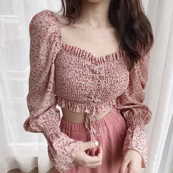 Women Floral Print Pleated Blouses Fashion Square Collar Shirts Curto Chiffon Blouses