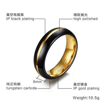 6mm Preto Carboneto de Tungstênio Anel de Ouro Cor de embutimento Anel de Noivado Para Homens Mulheres Casamento Bandas de Jóias EUA tamanho 6 tamanho 12