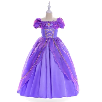 Rapunzel Vestido para as Meninas da Festa de Aniversário Emaranhado de Natal, Carnaval Fantasia Floral Meninas Roxo Vestidos de Princesa Infantil Peruca