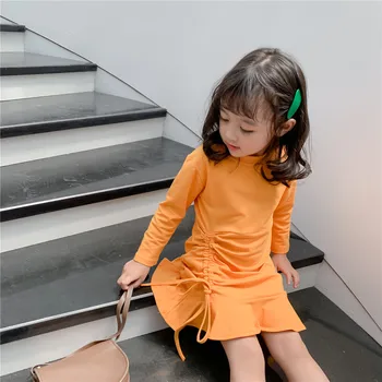 Estilo coreano Girls Dress 2020 Primavera de Crianças Roupas de Manga Longa Casual Crianças Vestido Bonito Plissado Bainha Vestido de RT828