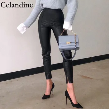 Celandine Primavera, Outono Moda PU Couro Falso Calças para Mulheres Elegantes Y2K Calças Office Lady Slim Vintage Streetwear 2020