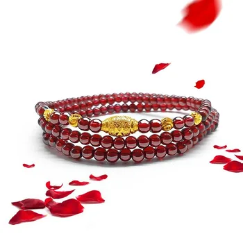 Natural de Granada Braceletes da Mulher de Sorte Perla o Bracelete 6A Vinho Vermelho Pedra 4mm de Três loop de Multicamadas de Esferas de pedra preciosa para a Mão da Jóia