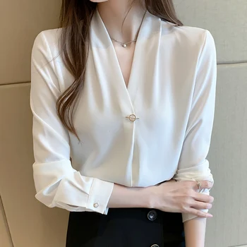 Blusas Femininas Elegante Chiffon Branco Camisa das Mulheres Blusa com decote em V Outono 2020 Novo Manga Longa Office Blusas Camisa 822H