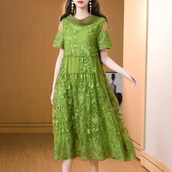 2020 a coleção Primavera / Verão das Mulheres do Arco Embriodery Vinho Verde Vermelho Vestido de festa Longo , Estilo coreano Mulher Uma Linha 4xl Vestidos para Mulheres