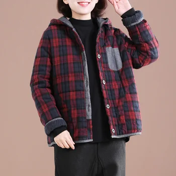 Aransue Casaco De Inverno Mulheres Coreano Moda Casaco Frouxo Grande De Algodão Veste Casual Com Capuz Projeto De Curto Xadrez Topo