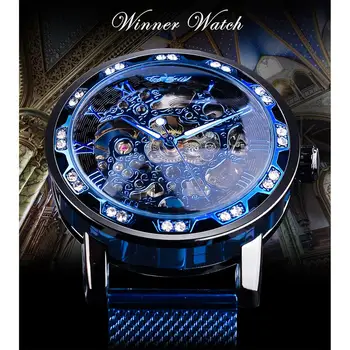 Vencedor Forma Transparente Diamante Visor Do Relógio Mecânico Azul De Malha De Aço Inoxidável Banda Luminosa Mão De Esqueleto Relógio De Pulso