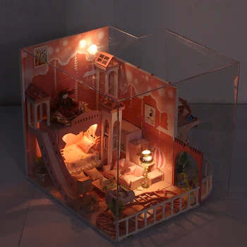 Sonho de Infância de cor-de-Rosa Casa de bonecas 3D em Miniatura Casa de bonecas Brinquedos de Crianças DIY Mini Princesa Casa de Madeira, Móveis de Kit Para Meninas