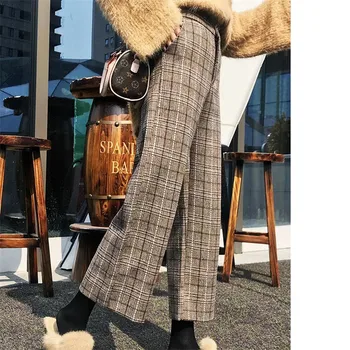 Nova wide-leg manta de lã calças compridas para mulheres de outono, o coreano estilo Straight-perna retro solta cintura alta casual corredores de mulheres calças
