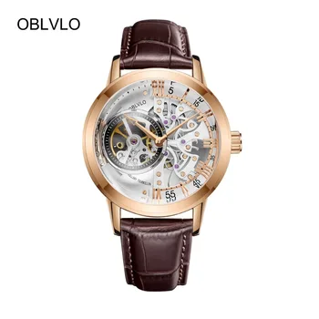 OBLVLO Luxo Casual Relógios Rose Gold Tone Pulseira de Couro Genuíno Esqueleto Automático de melhor Marca de Luxo Relógio Masculin VM 1