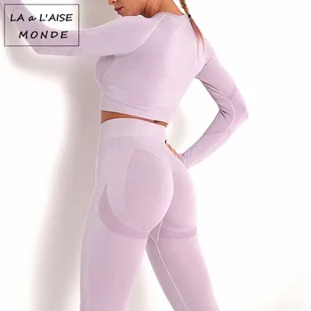 2 peças de Conjunto de Mulheres sem costura Yoga Terno Feminino, Fitness ao ar livre Cintura Alta Hip Nylon Leggings Apertadas de mangas compridas Ginásio Terno
