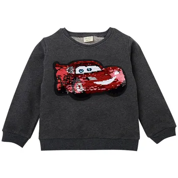A Disney para crianças camisola carro vermelho de lantejoulas descoloração magia carro azul puro algodão, gola redonda, manga longa camisola de menino outono
