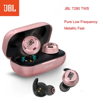 JBL T280 TWS sem Fios Bluetooth Fones de ouvido HARMAN Esportes Mini fone de ouvido Bluetooth sem Fio Fones de ouvido Com a cobrança de Caso Microfone