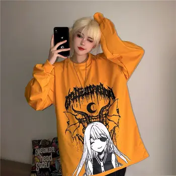 Nova Primavera, Outono Harajuku T-Shirt das Mulheres Tops BF Estilo Ímpios Divertido Demon Girl Impressão de Mangas compridas, Camisetas Soltas de Vestuário de Mulher