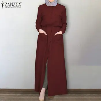 Longa Camisa de Vestido ZANZEA Mulheres Elegantes Casual Lapela Pescoço Longo da Luva Hijab Muçulmano Vestido de Outono Cordão Sundress Abaya Vestido