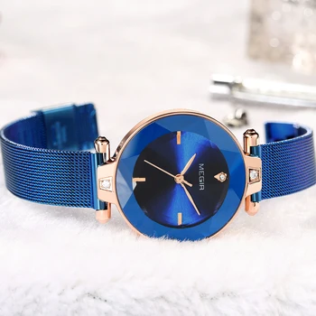 MEGIR as Mulheres de Luxo Relógios Azul de Malha de Aço Inoxidável Banda Elegantes Senhoras Relógio de Mulheres Pulseira de Relógio Reloj Mujer Zegarek Damskir