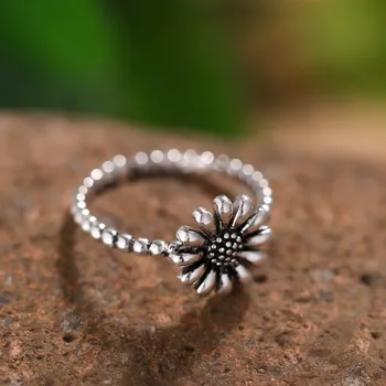 2020 Nova promoção da festa de Casamento, Anéis de Anillos Tibetano Anéis de Prata Para Mulheres de Plantas de Girassol Design de Jóia do Vintage ajustável
