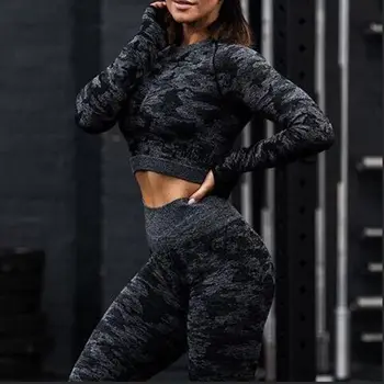 2019 Conjunto de Yoga Mulher Perfeita Camuflagem mangas compridas Crop Tops de Cintura Alta, Calças de Fitness GINÁSIO de Esportes Camo Ternos de calças de Treino de