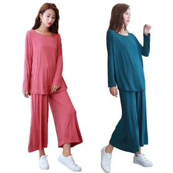 Tamanho grande Pijamas para Mulheres de 9 minutos wide-legged calças camisa de Manga comprida, dois conjuntos de pijamas domésticos vestir Loungewear Maxi Tamanho