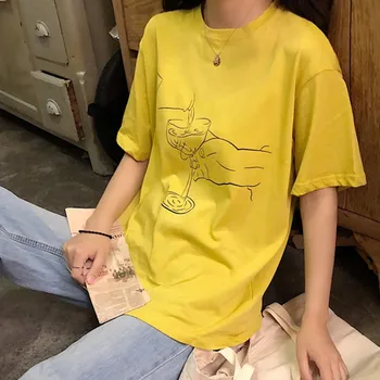 Genayooa Verão Gráfica Tees Mulheres O Pescoço Harajuku T-Shirt Das Mulheres Casual Amarelo Tee Tops Coreano Roupas Vintage T-Shirt 2021