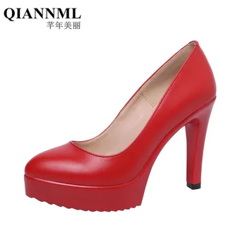 Plus Size 32-43 Estiletes Bombas De Mulheres Sapatos De Casamento Vermelho Branco 2020 Primavera Rasos Salto Alto Sapatos De Senhoras Plataforma De Sapato