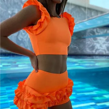 2020 Retro Mulheres banho 2 peças de Beachwear Plissado Manga Acolchoada Crop Top+Babado Shorts de Cintura Alta Planície Roupa Puro Roupas Femme
