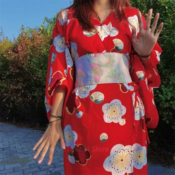 Kimono Japonês Sexy Mulheres Harajuku Roupão De Banho, Roupões De Lingerie Sexy Superior Yukata Pijamas De Impressão Prom Vestido De Sakura Gueixa Obi Floral