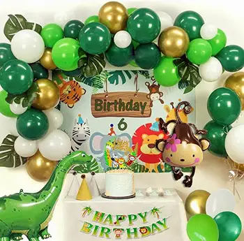 80pcs Selva Dinossauro Balões Guirlanda com Folhas de Palmeira Ouro Verde Balões Macaco Folha de Balão Crianças Decorações de Festa de Aniversário