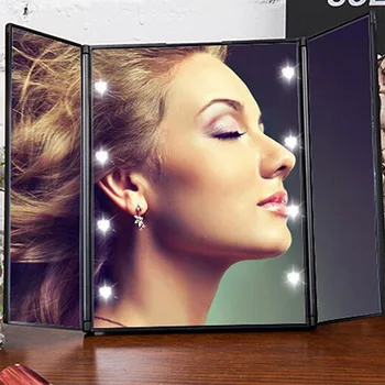 Tri-Fold Espelho de Maquilhagem com Luz de LED Portátil do curso Compacto de Bolso Espelhos de Viagem Dobre de um Espelho de maquilhagem MPwell