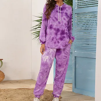 Tie Dye Mulheres de Outono, de Pijama Conjunto com Capuz Tops de Manga Longa e calça comprida pijamas feminino roupas de Dormir Casual Sleepwear