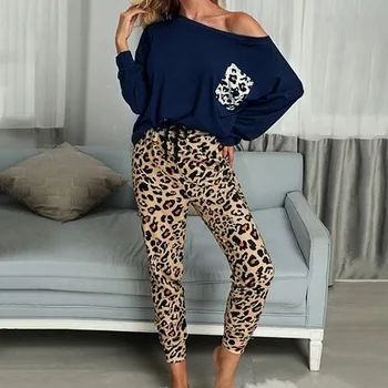 2020 Feminina Outono Casual 2020 Leopard Mulheres, Casa, Roupas da Moda O-Long neck Mangas Soltas Pijama Conjuntos