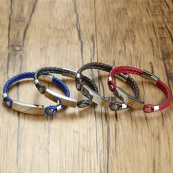 MingAo personalizado letras de aço inoxidável, bracelete de couro de moda de homens simples de moda pulseira em branco curvo marca pulseira de couro
