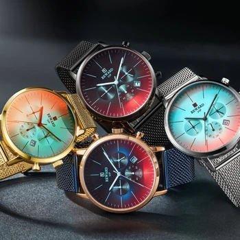 2019 Nova Moda de Cores Brilhantes de Vidro Assistir Homens de alto Luxo da Marca Homens Cronógrafo Relógio de Aço Inoxidável do Esporte Relógio de Homens Assista
