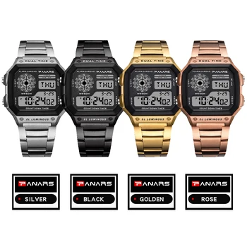 PANARS Esportes Mens de Negócios Praça Retro Relógios Impermeável Contagem regressiva Digital Cronômetro Relógio g Relógio de Choque Ir Choque de Ouro