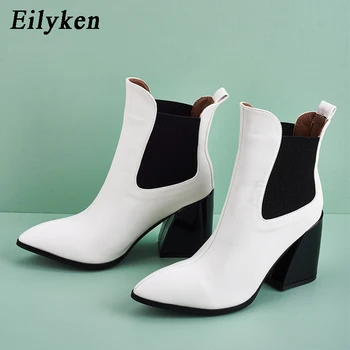 Eilyken Preto Marrom Branco de alta calcanhar Ankle Boots Mulheres Pontiagudo dedo do pé Quadrado calcanhar Botas curtas Mulher botas mujer tamanho 36-43