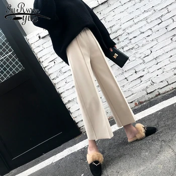 Mulheres coreanas do Tornozelo-comprimento de Calças de Perna Larga, Calças de 2019 Outono e Inverno de Cintura Alta em linha Reta Calças Femininas Bolso de Calças 6990 50