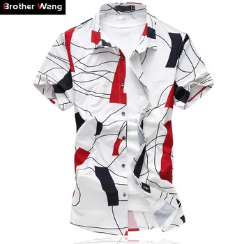 Irmão Wang Verão de Homens de Camisa Casual de Moda Geométrica de Impressão Slim Trecho Camisa de Marca Negócios de Lazer de Grande Tamanho de Roupas