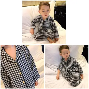 Crianças Meninos estampa Xadrez Homewear Tops com Calças de Mangas compridas Respirável Pijamas para a Primavera AN88