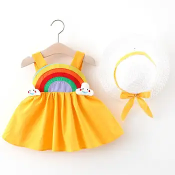De verão, os bebés Vestidos de 2pcs Roupas Conjuntos de Crianças Roupas de Bebê sem Mangas Festa de Aniversário da Princesa Vestido de Impressão Floral +Enviar chapéu