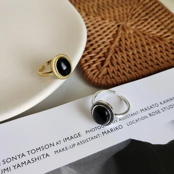 S925 prata pedra preta redimensionável anel de personalidade jóias festival de presente Ouro 18k anel para a mulher Original Geométricas