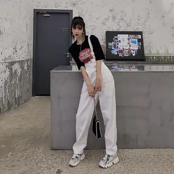 Macacões Mulheres Botões Único Elasticidade Cinta Calça Feminina Casual Harajuku Streetwear Hip-hop Legal Ulzzang Todos-jogo Chic