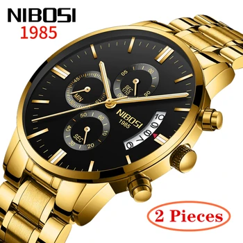 2Pcs NIBOSI Homens Relógios das melhores marcas de Luxo do Cronógrafo Relógio de Esportes Impermeável Militar de Quartzo Relógios de pulso Relógio Masculino