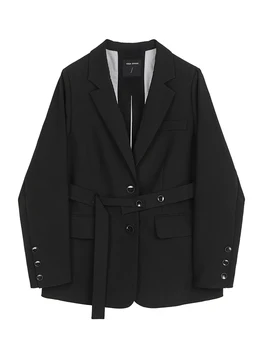 Elegante blazer preto, mulheres de outono, de roupas elegantes, de volta afrouxou blazers casaco com cinto manteau femme